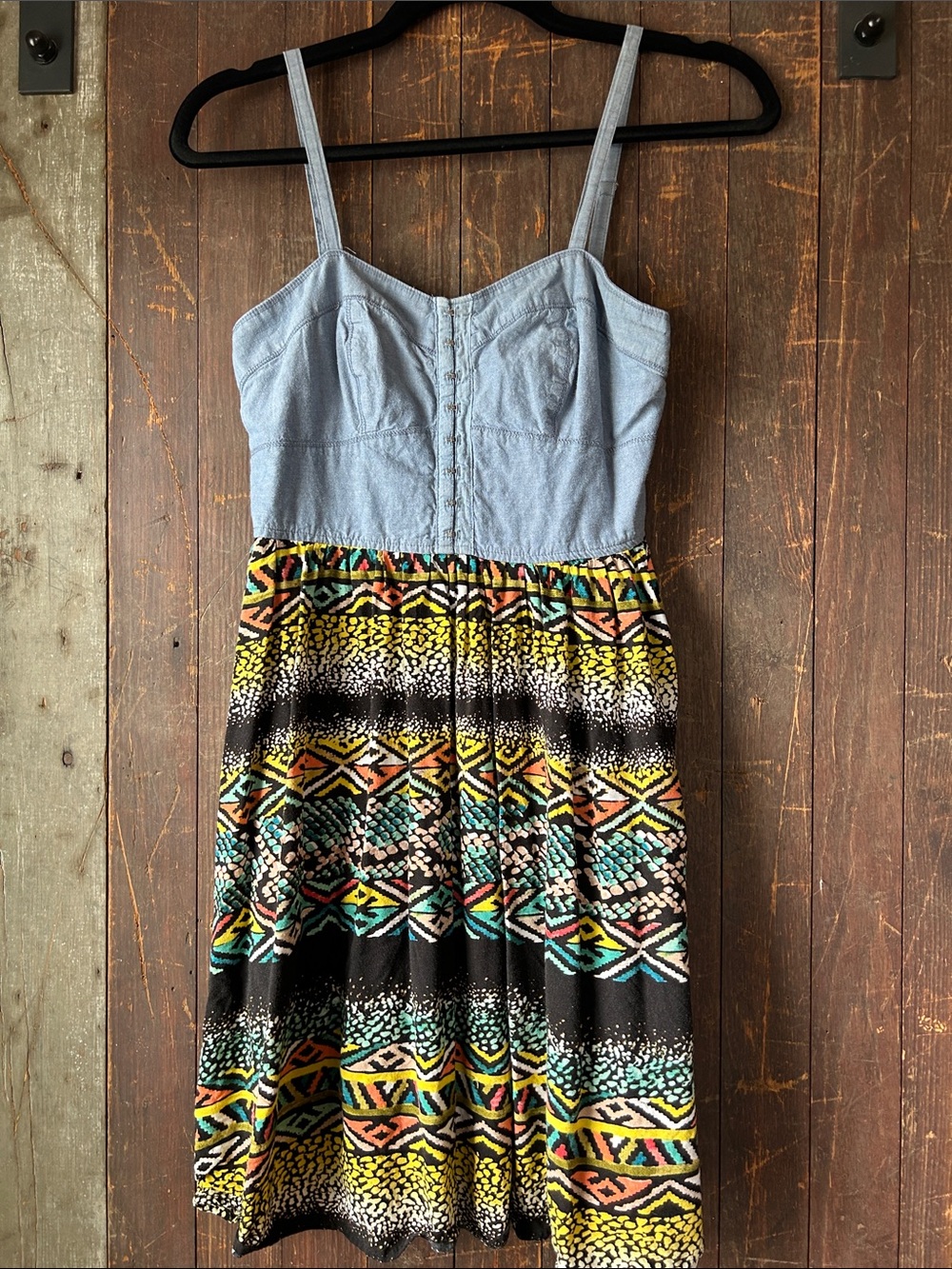 No Boundaries Light Blue Bustier Top Multi-Color Patterned Mini Dress